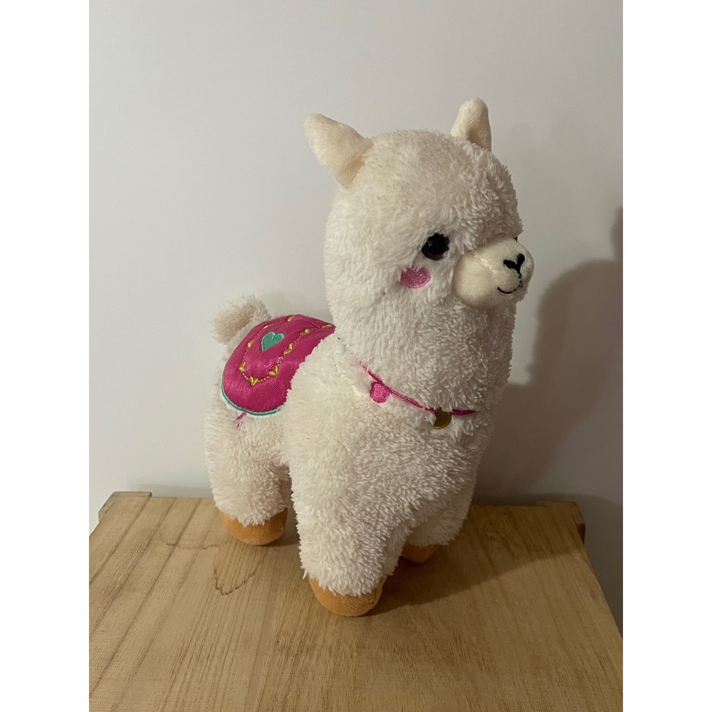 White Llama Alpaca Animal Plush Stuffed Toy Pink Saddle Embroidered Pink Cheeks - Picture 2 of 11